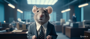 AI generated image of mouse in a suit in an office environment