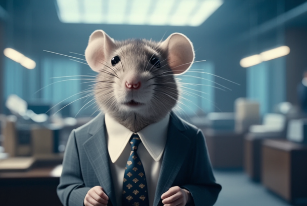 AI generated image of mouse in a suit in an office environment