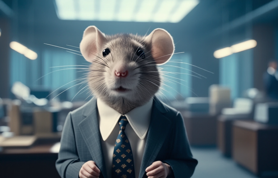 AI generated image of mouse in a suit in an office environment