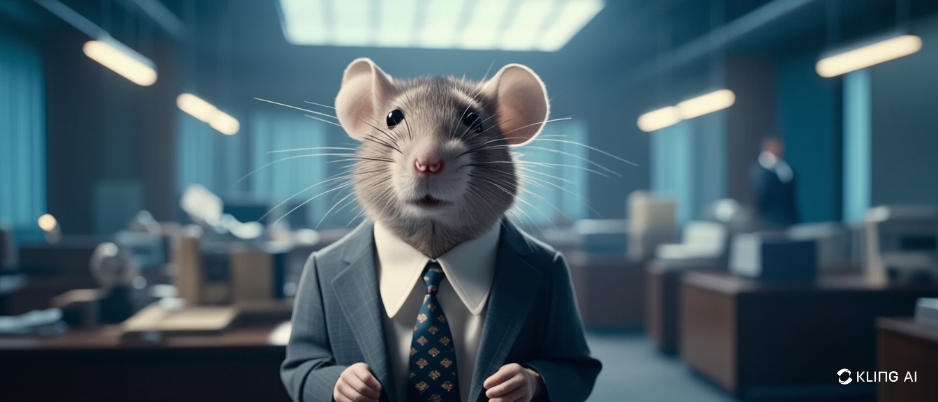 AI generated image of mouse in a suit in an office environment